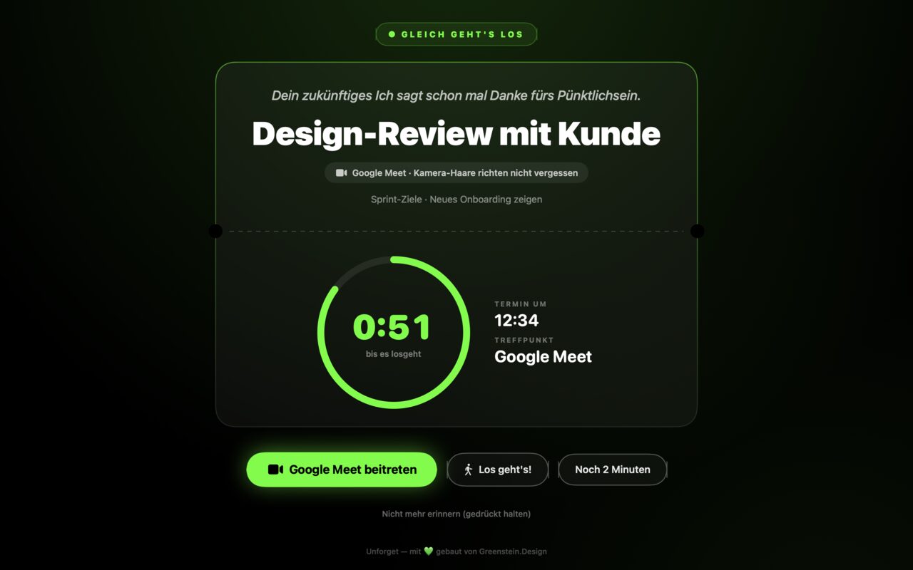 Vollbild-Alarm von Unforget: grüner Countdown-Ring mit 0:51, Termin „Design-Review mit Kunde“ um 14:00 Uhr und ein Button zum Beitreten bei Google Meet.