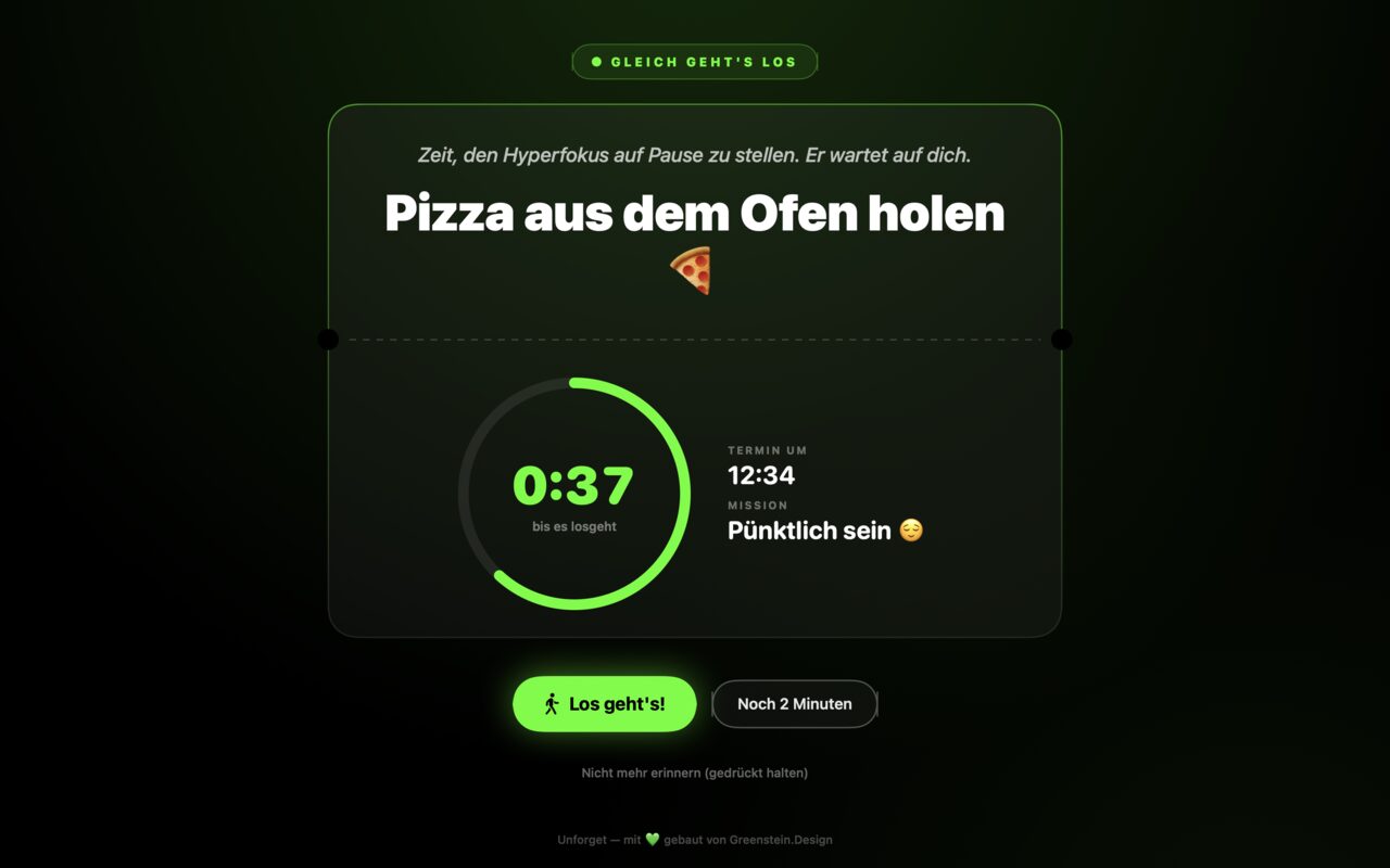 Vollbild-Erinnerung von Unforget für eine selbst angelegte Aufgabe statt eines Kalendertermins.