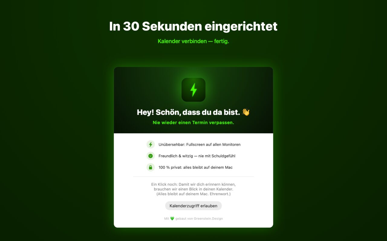 Willkommensfenster von Unforget mit App-Icon, kurzer Erklärung und dem Button für die Kalenderfreigabe.